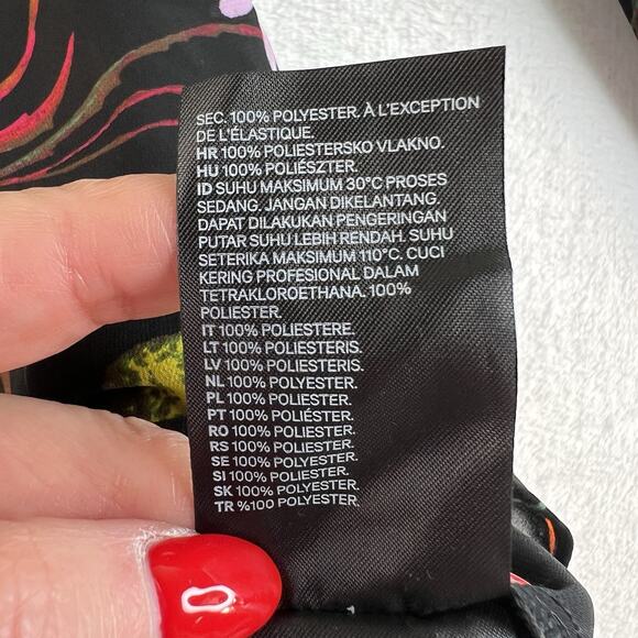 H&M Medium M Frill Ruffle Trimmed Chiffon Blouse Black Floral Smocked High Neck - Picture 9 of 16